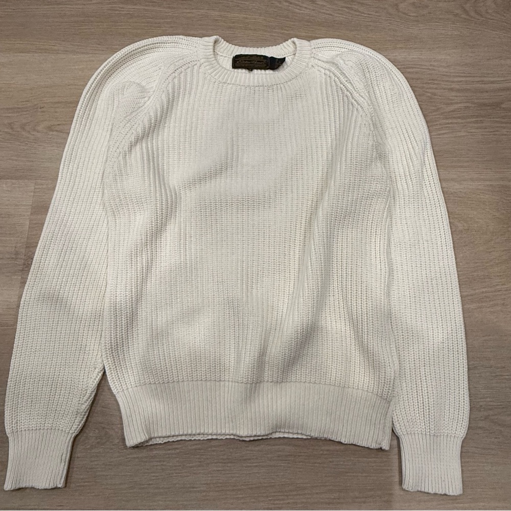Eddie Bauer Sweater Womens Medium Beige Tan Waffle Knit Crew Neck Pullover